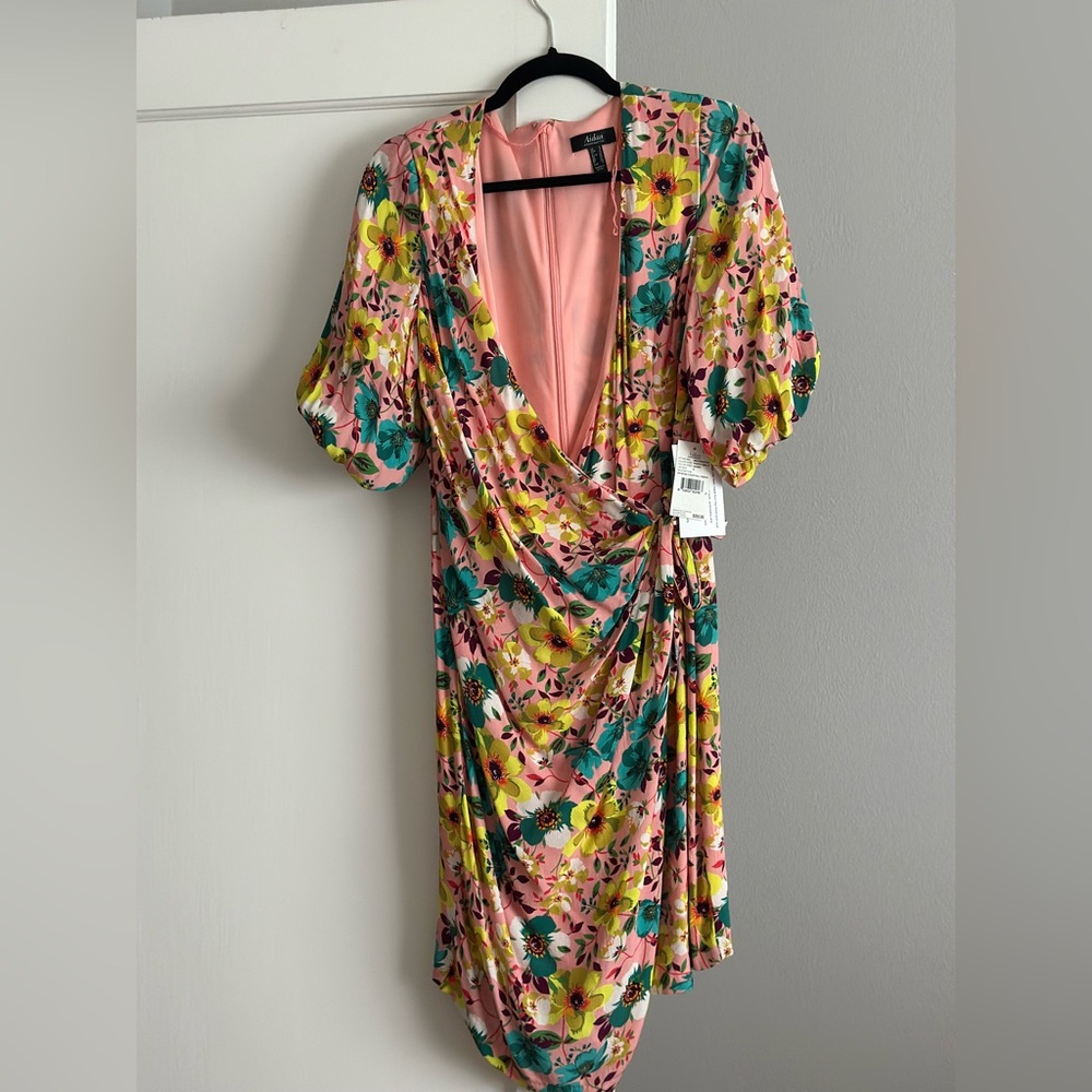 Aidan Mattox Floral Midi Dress in Pink and Yellow